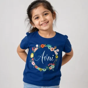 Personalised navy blue girls T-shirt with Avni name and colourful floral wreath