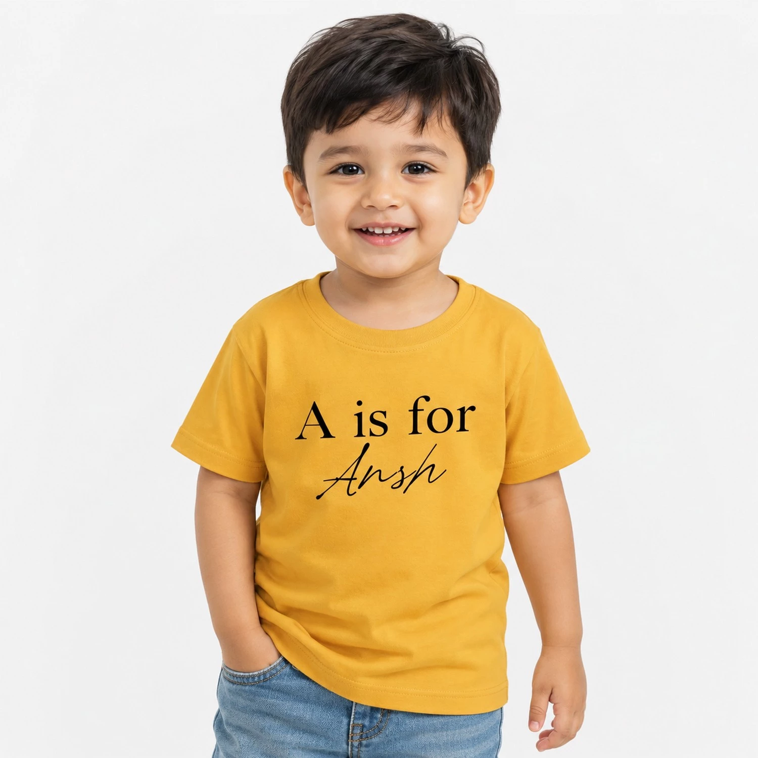 Personalised yellow kids T-shirt with A is for Ansh name print