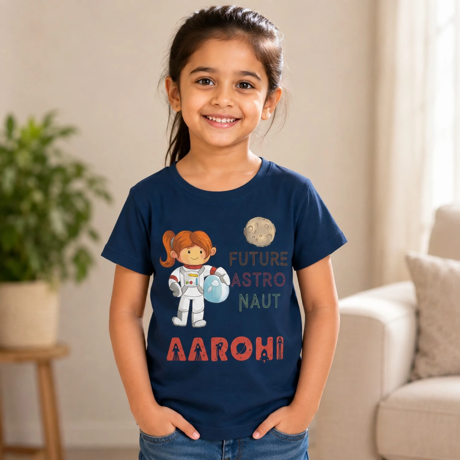 Personalised navy blue girls T-shirt with Aarohi name and Future Astronaut design