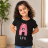 Personalised black girls T-shirt with Anvi name and cute pink monster design