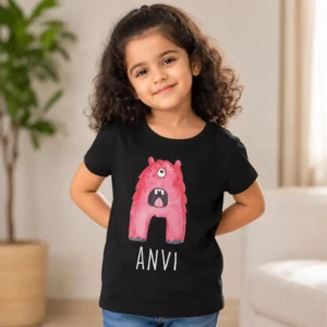 Personalised black girls T-shirt with Anvi name and cute pink monster design
