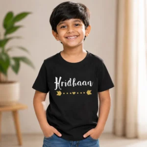 Personalised black boys T-shirt with Hridhaan name and gold arrow heart design