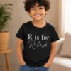 Personalised black boys T-shirt with R is for Ritesh name design