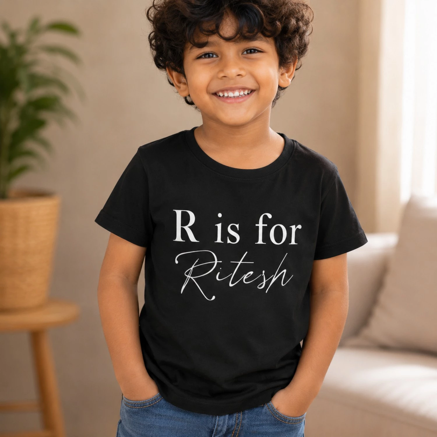 Personalised black boys T-shirt with R is for Ritesh name design