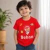 Personalised red boys T-shirt with Rehan name and cute outer space astronaut design