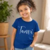 Personalised blue girls T-shirt with Tanvi name in elegant white script