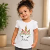 Personalised white girls T-shirt with Trisha name and floral unicorn design