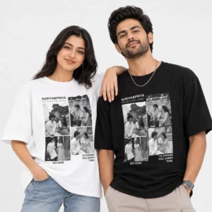 Couple wearing black and white personalised oversized T-shirts with custom photo collage, names and established year