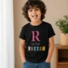 Personalised Rayyan boys black T-shirt with R is for Rayyan colourful name design