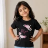 Personalised Rhea name girls black T-shirt with pink floral design