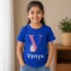 Personalised Vanya girls blue T-shirt with large V initial and cute unicorn design
