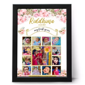 Personalized 12 month baby girl first year photo collage frame with name and birth date custom printed birthday gift