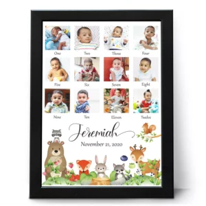Personalized 12 month baby photo collage frame with custom name and date of birth for first birthday gift India