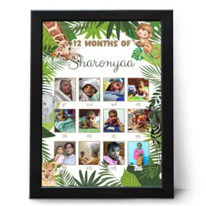 Personalized 12 month baby photo frame collage with custom name jungle theme first birthday gift for baby boy or girl