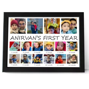 Personalized 12 month baby first year photo collage frame with custom name and monthly milestone pictures for 1st birthday gift