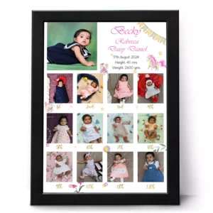 Custom 12 month baby photo frame collage with name, birth date, height and weight details