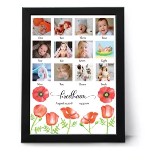 Personalized 12 month baby photo frame collage with name and birth details for first birthday gift