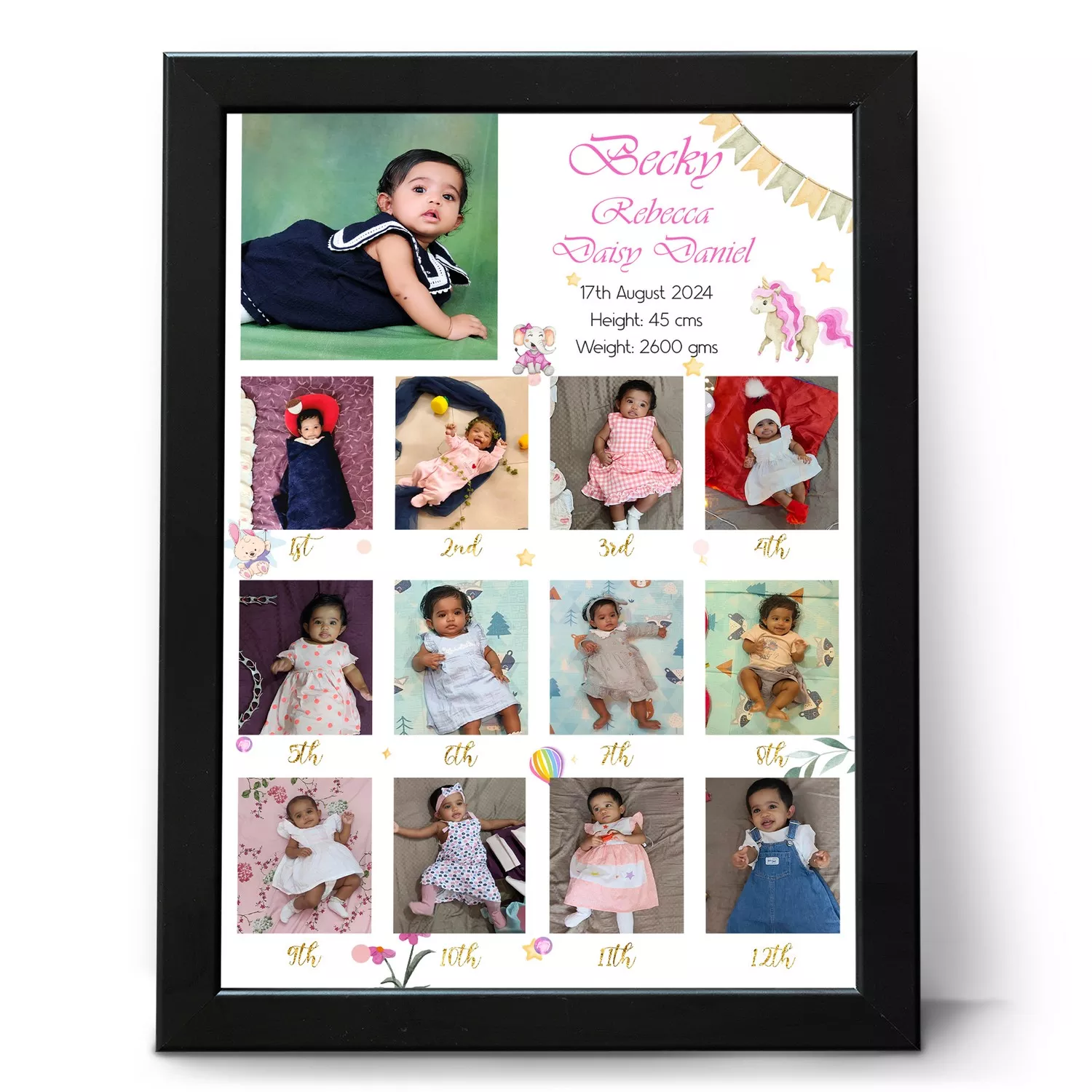 Custom 12 month baby photo frame collage with name, birth date, height and weight details