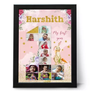 Personalized 12 months baby first year photo frame collage with custom name and milestone photos for 1st birthday gift