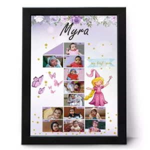 Personalized 12 months baby girl photo frame with name in princess floral theme for first birthday milestone collage