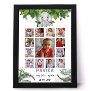 Custom 12 months baby photo frame with elephant jungle theme and name personalization