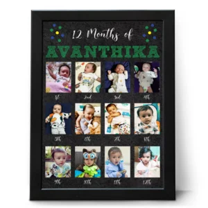 Personalized 12 months baby photo frame with name showing first year milestone pictures from 1st to 12th month for birthday gift