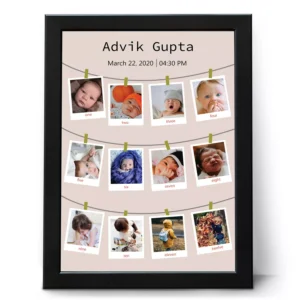 Personalized 12 months baby photo frame with name and birth details showing first year milestone collage for first birthday gift.