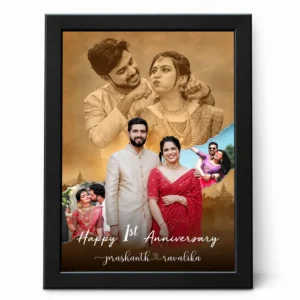 Personalized 1st anniversary couple photo frame in a black frame featuring multiple wedding and couple photos, names, and Happy 1st Anniversary text.