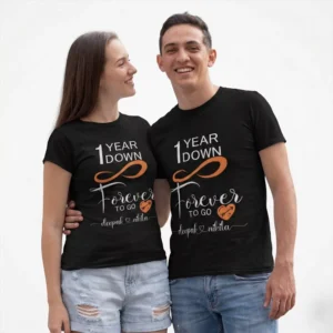 Personalized 1st anniversary couple t-shirts with names 1 year down forever to go matching husband wife anniversary shirts