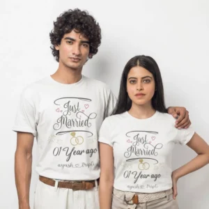 personalized just married 1 year ago couple t shirts with custom names first wedding anniversary matching husband wife t shirt set