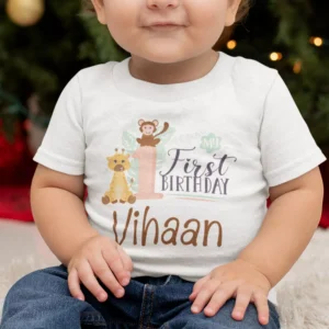 Personalized baby first birthday T-shirt with custom name print and cute animal design for boys and girls celebrating 1st birthday in India.