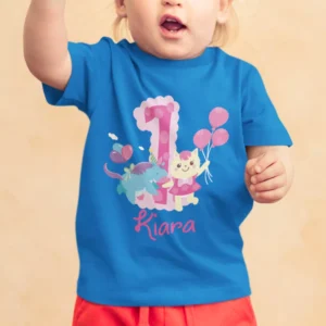 Personalized first birthday girl t-shirt with custom name and number 1 balloon birthday design for toddler birthday outfit