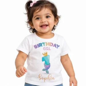 Smiling Indian toddler girl wearing a white personalized 1st birthday T-shirt featuring a colorful Birthday Girl print, crowned turquoise number 1, purple mermaid tail, and the name Sophia.