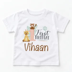flat lay of a white personalized 1st birthday kids t-shirt with my first birthday jungle print and the name Vihaan