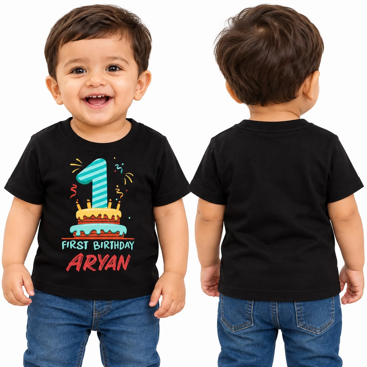 Front and back view of a toddler wearing a black personalized 1st birthday kids t-shirt with Aryan name print on the front.