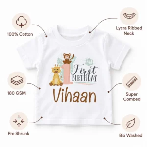 personalized 1st birthday kids t-shirt with quality callouts for 180 gsm, 100 percent cotton, super combed, pre shrunk, bio washed, and lycra ribbed neck