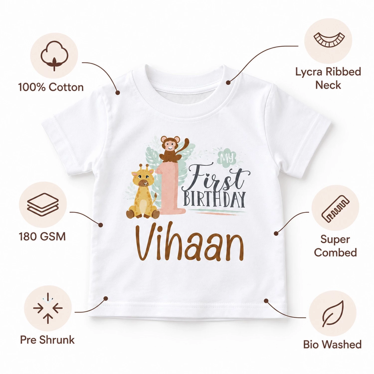 personalized 1st birthday kids t-shirt with quality callouts for 180 gsm, 100 percent cotton, super combed, pre shrunk, bio washed, and lycra ribbed neck