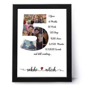 Personalized 5 years anniversary photo frame with custom couple names and number 5 photo collage design for wedding milestone gift in India