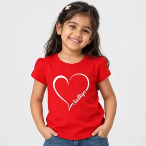 Red personalized girls' T-shirt with a large white outline heart and the name Aadhya written in cursive along the lower right side of the heart.