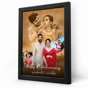Angled view of a personalized 1st anniversary couple photo frame with black border, wedding photo collage, names, and anniversary text.