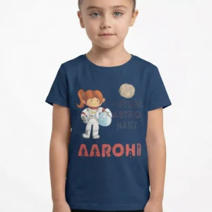 Child wearing navy blue personalized astronaut name cotton T shirt with space themed birthday design