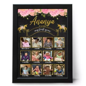 Personalized 12 month baby girl photo frame with name and date unicorn theme first birthday collage