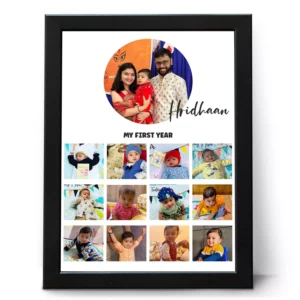 Personalized baby first year photo frame with 12 month collage and custom name for 1st birthday gift in India
