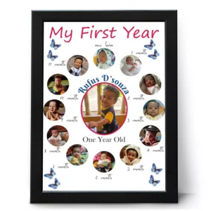 Custom baby first year photo collage frame with monthly milestone pictures and baby name printed in center