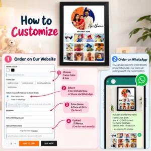 Personalized baby first-year photo frame customization guide showing website ordering, frame color and size selection, child name and date fields, 13 photo upload, and WhatsApp ordering option.