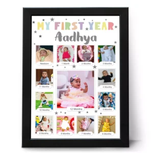 Personalized 12 month baby first year photo frame with name and milestone collage for 1st birthday gift