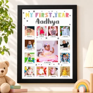 Black personalized baby photo frame with 13 first-year milestone photos and custom name Aadhya displayed on a softly decorated nursery wall.