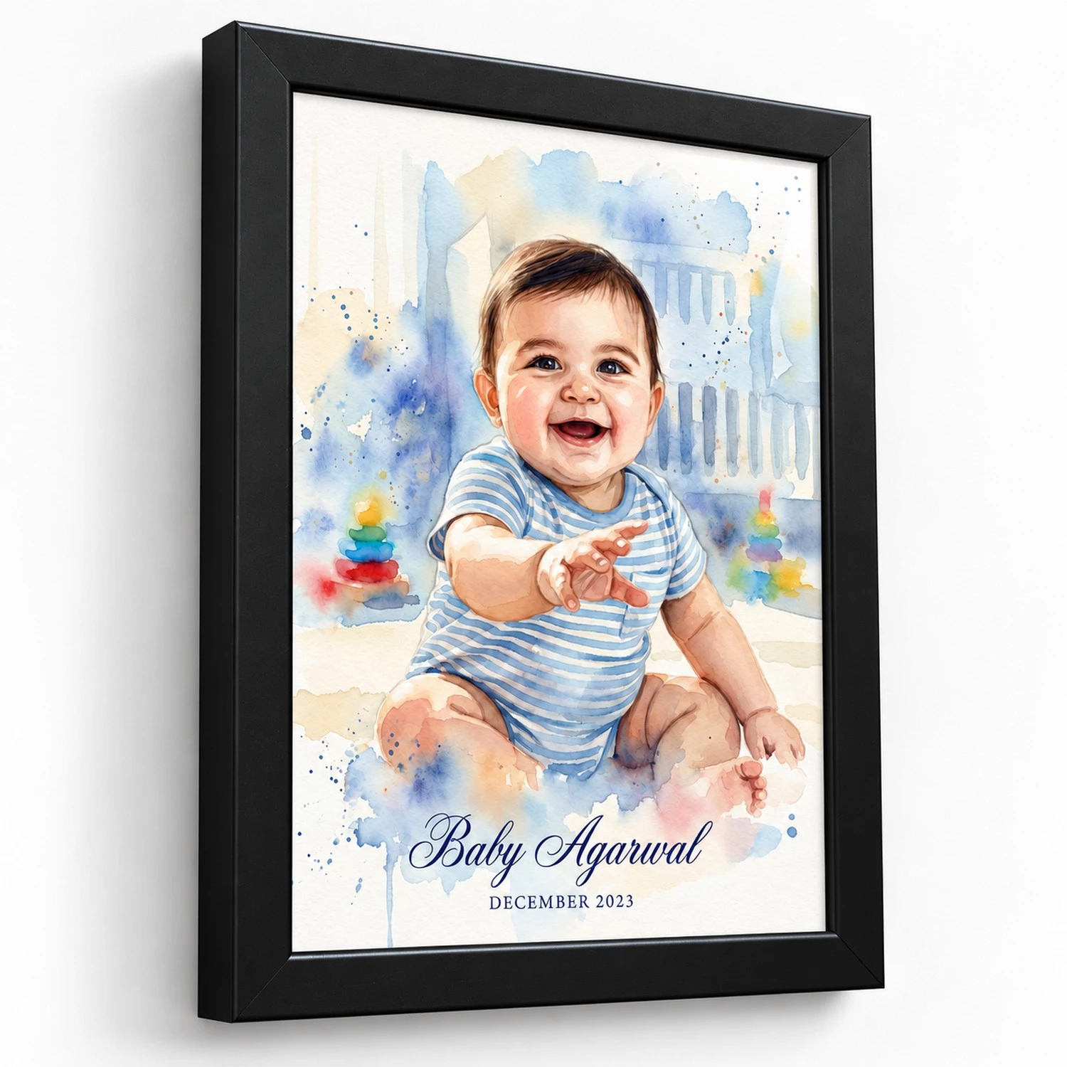 Three-quarter view of a black personalized baby photo frame showing watercolor artwork with custom name and December 2023 date.