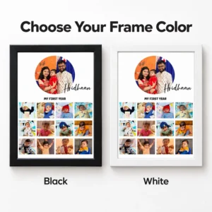 Personalized baby first-year photo collage shown in black and white frame color options with a custom name and 12 baby photos.