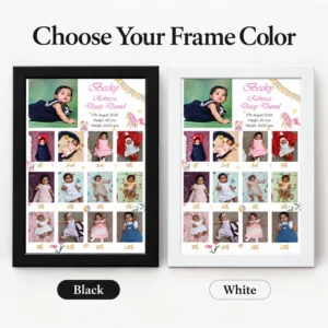 Black and white personalized baby photo frames shown together with identical 12-month baby collage, custom name and birth details.